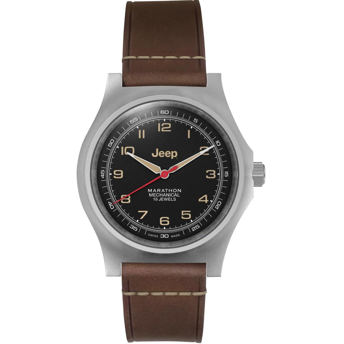 Men's stainless steel mechanical watch with black dial and brown leather strap, Jeep branding