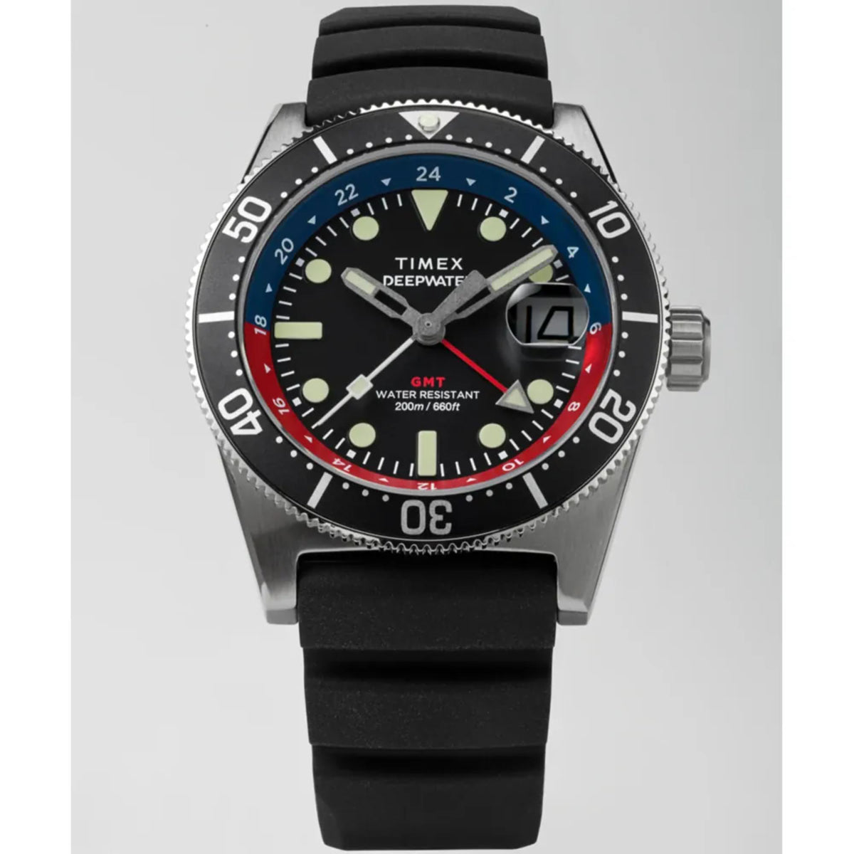 Men's black dial quartz watch with silver case, black rubber strap, and bezel insert