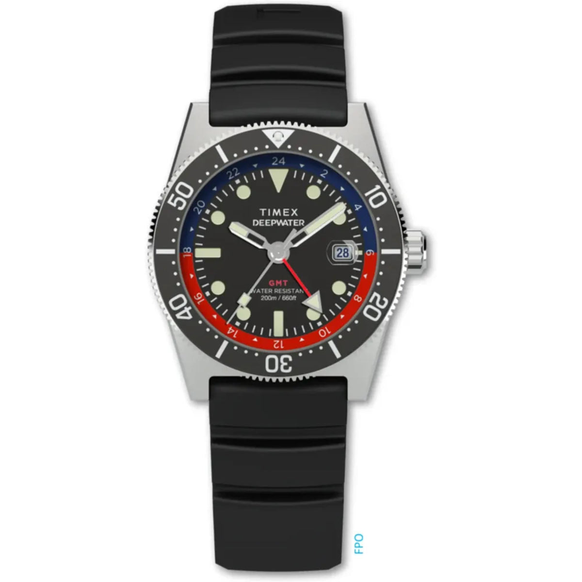 Men's Timex Deepwater quartz watch with black rubber strap, black dial, and steel bezel