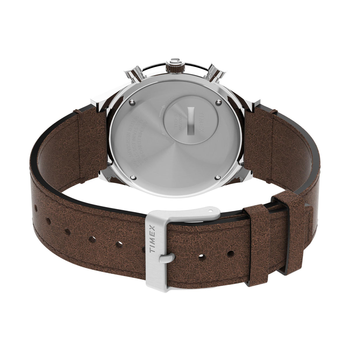 Men's Timex chronograph watch with brown leather strap and silver case, back side angle