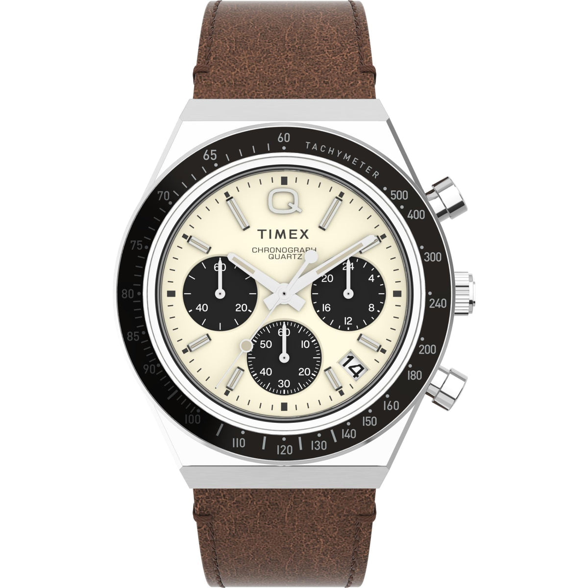 Men's Timex chronograph quartz watch front view with cream dial and brown leather strap