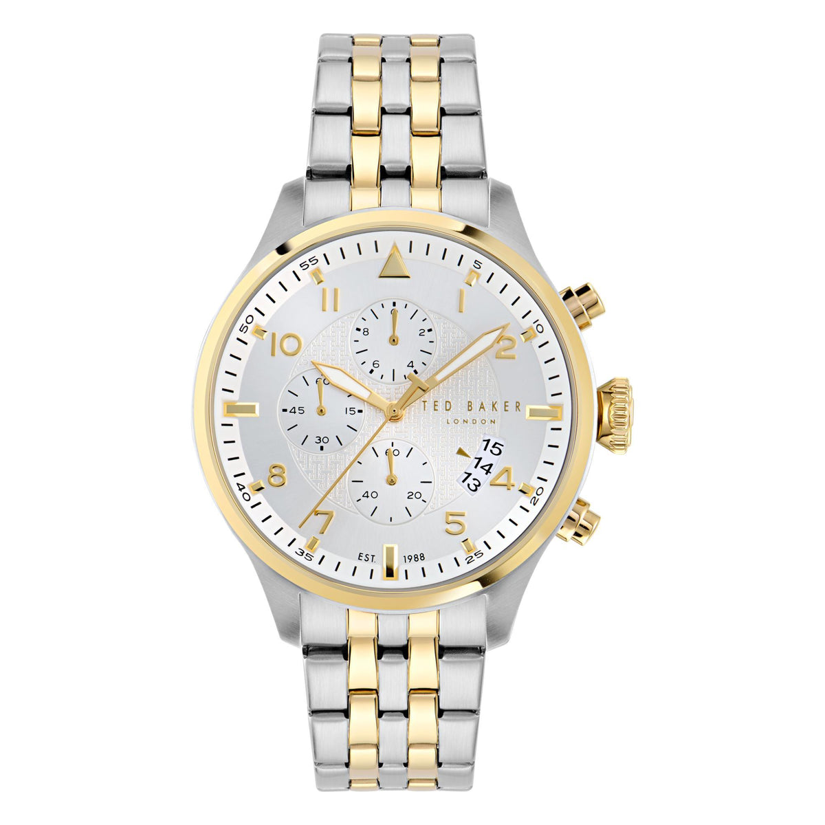 Two-tone round men's watch with white dial, gold hands and markers, silver/gold metal bracelet