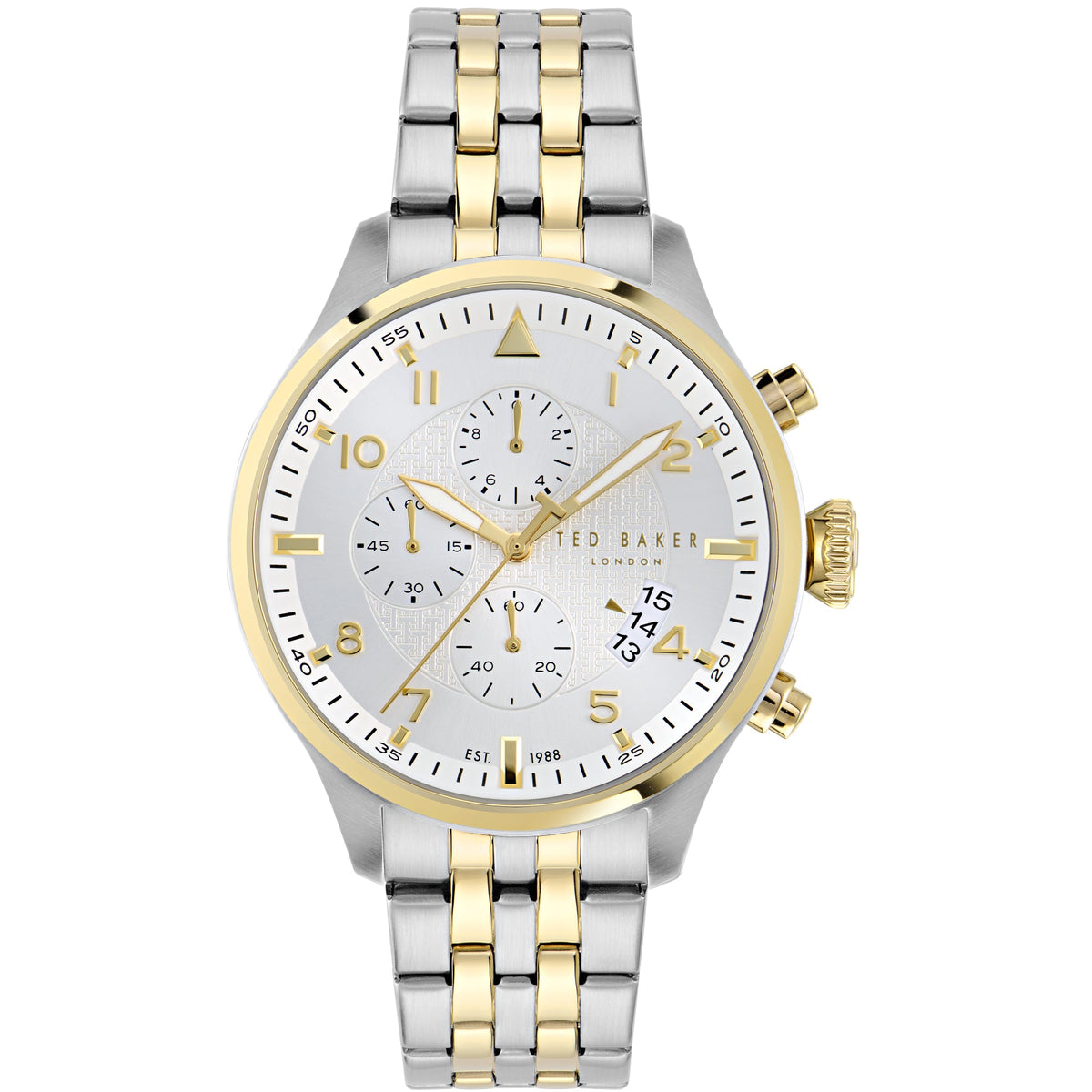 Men's two-tone wristwatch with silver bracelet, white dial, gold details, and chronograph-style layout