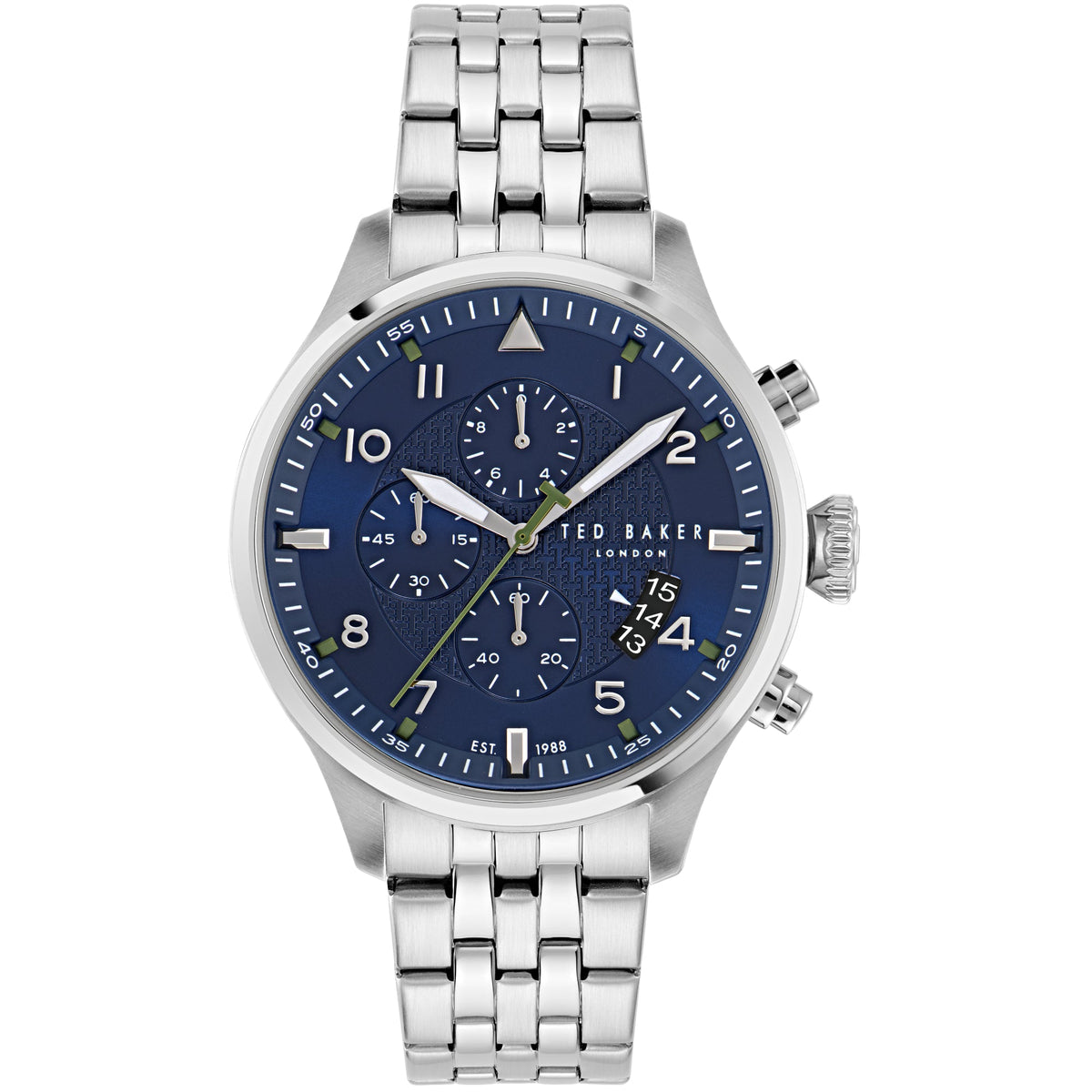 Men's steel watch front view with blue dial and three chronograph-style subdials