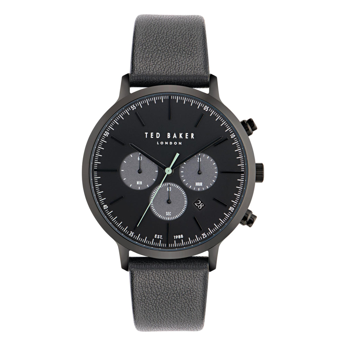 Men's black dial leather watch with date at 3 o'clock, three subdials, black strap