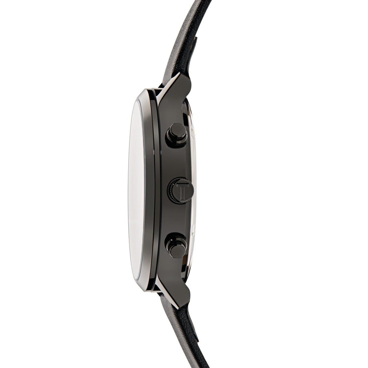 Men's black leather watch side profile with metal case, crown detail and black strap