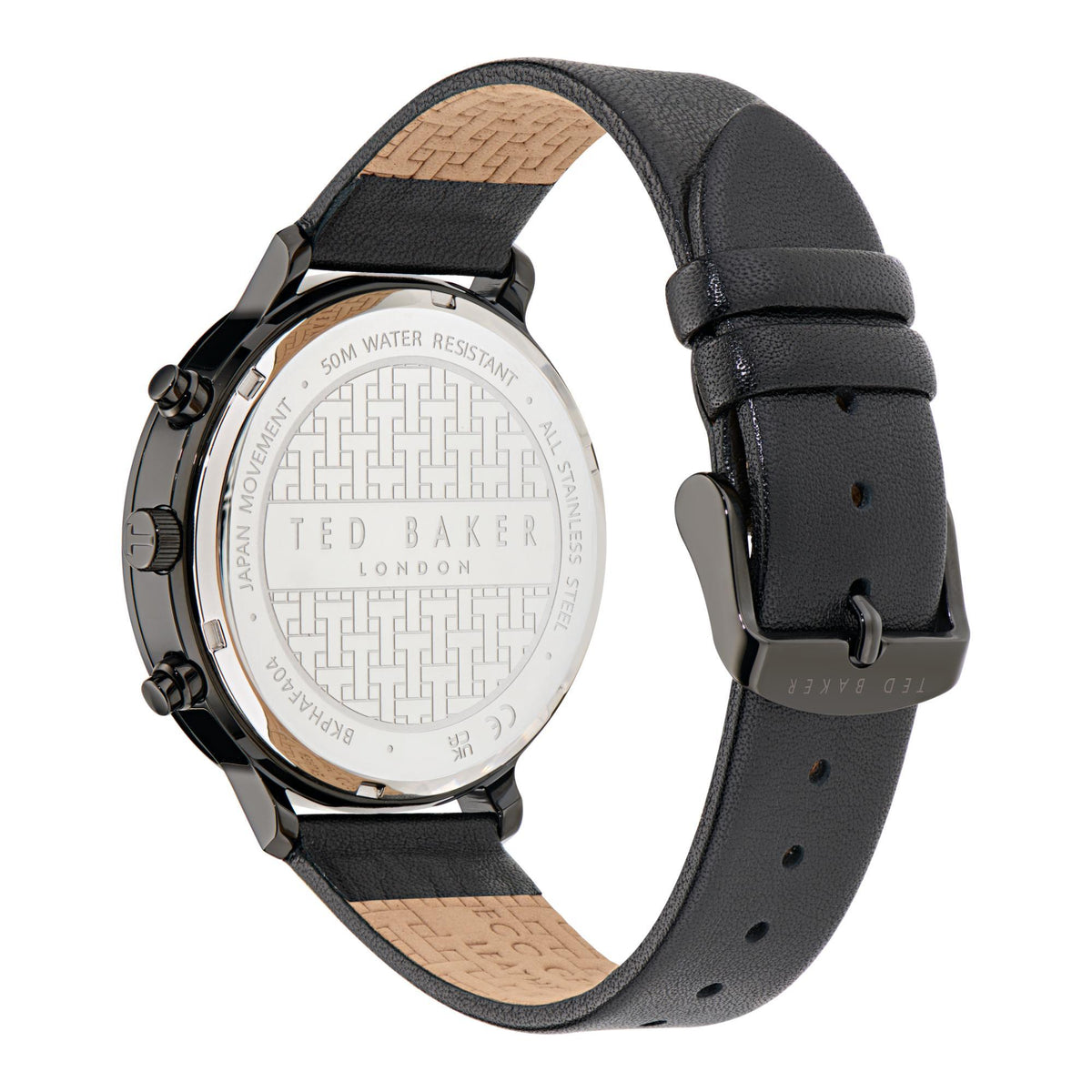 Men's watch back view with silver case and textured pattern, black leather strap
