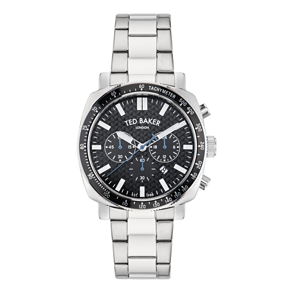 Men's stainless steel chronograph watch with black dial, blue accent hands, tachymeter bezel
