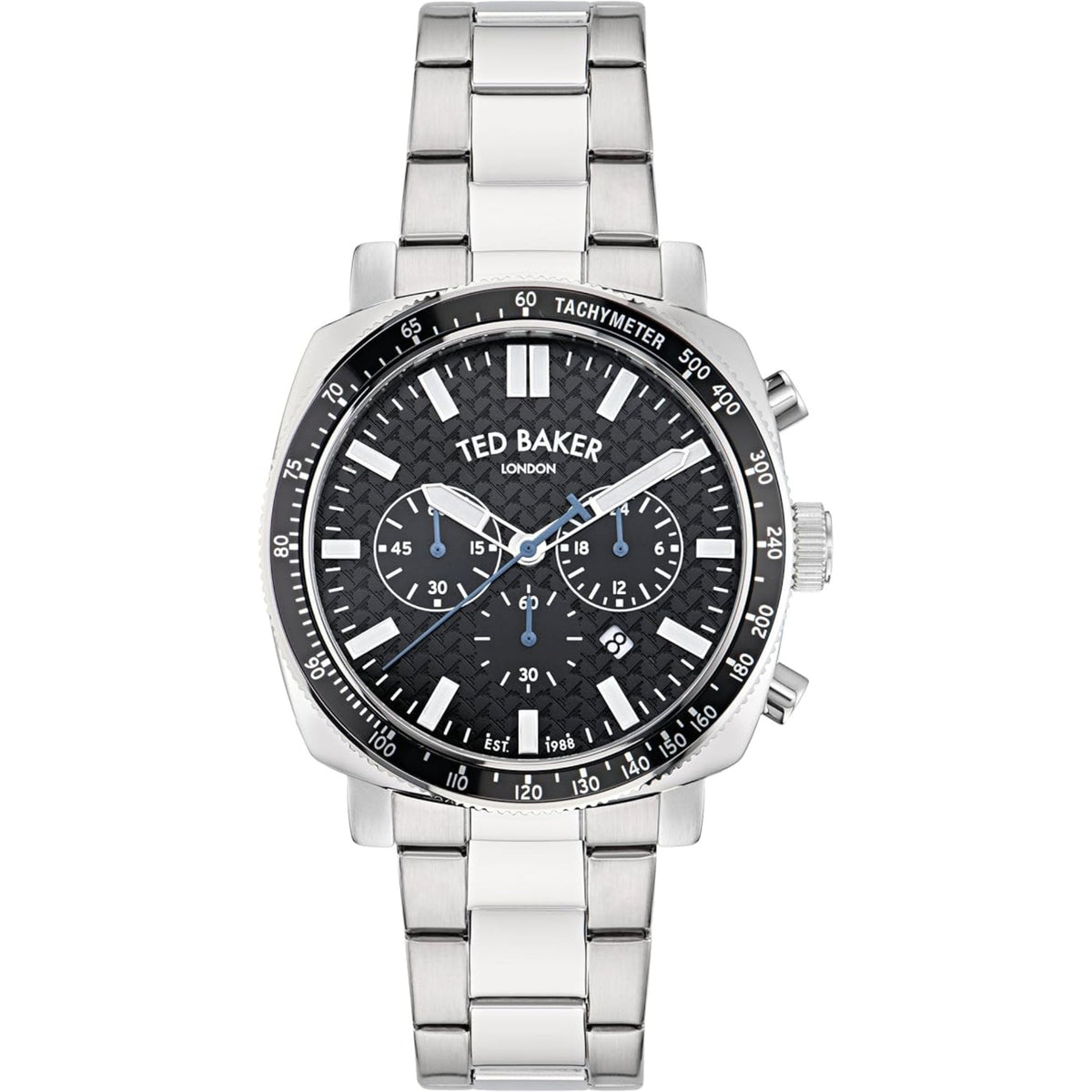 Men's stainless steel chronograph wristwatch with black dial, tachymeter markings, bracelet