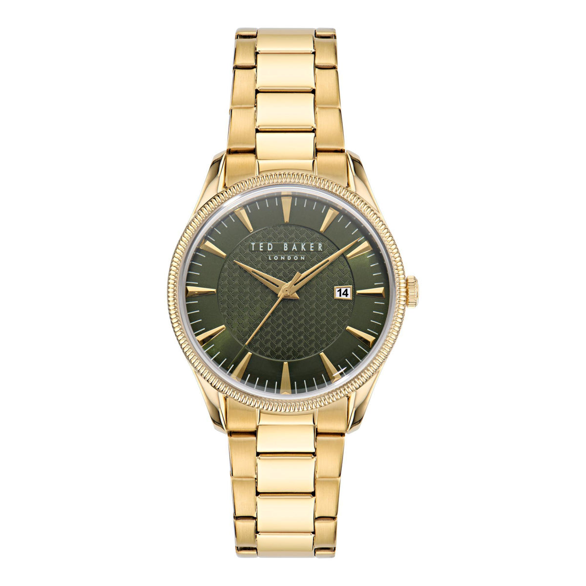 Men's gold-tone watch with round green dial, gold-tone markers, and date window at 3