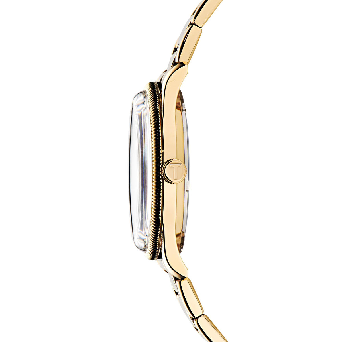 Men's gold-tone watch side view with crown and polished case edge