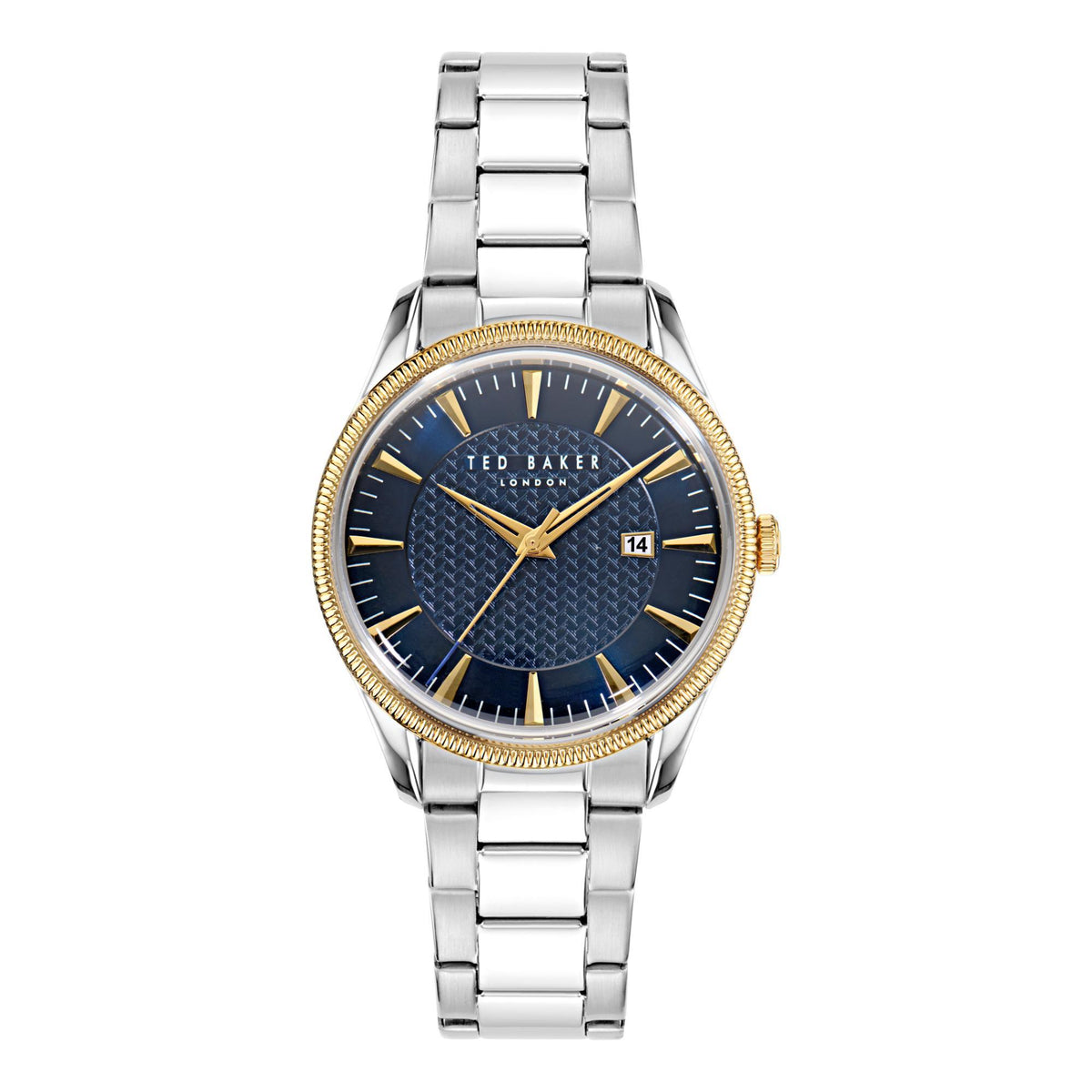 Men's stainless steel watch front view with blue dial, gold bezel, and date window