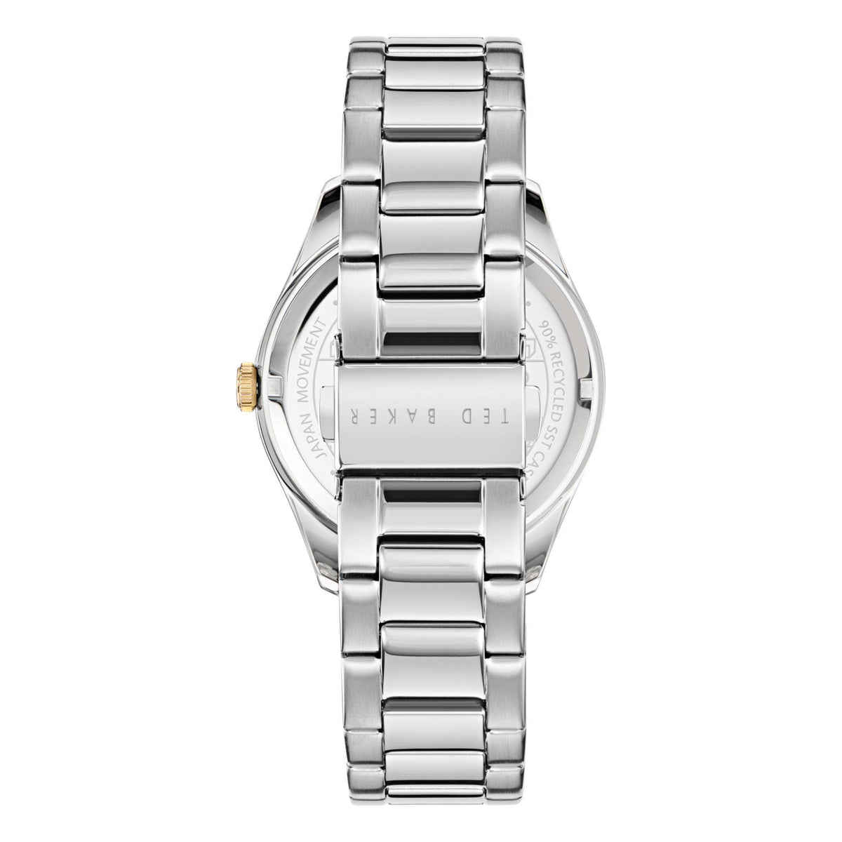 Men's stainless steel watch back view with bracelet links and gold-toned crown