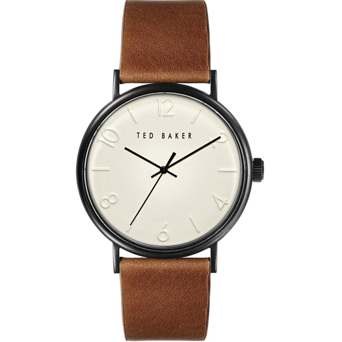 Men's tan leather strap watch with cream face, black markers, and visible crown