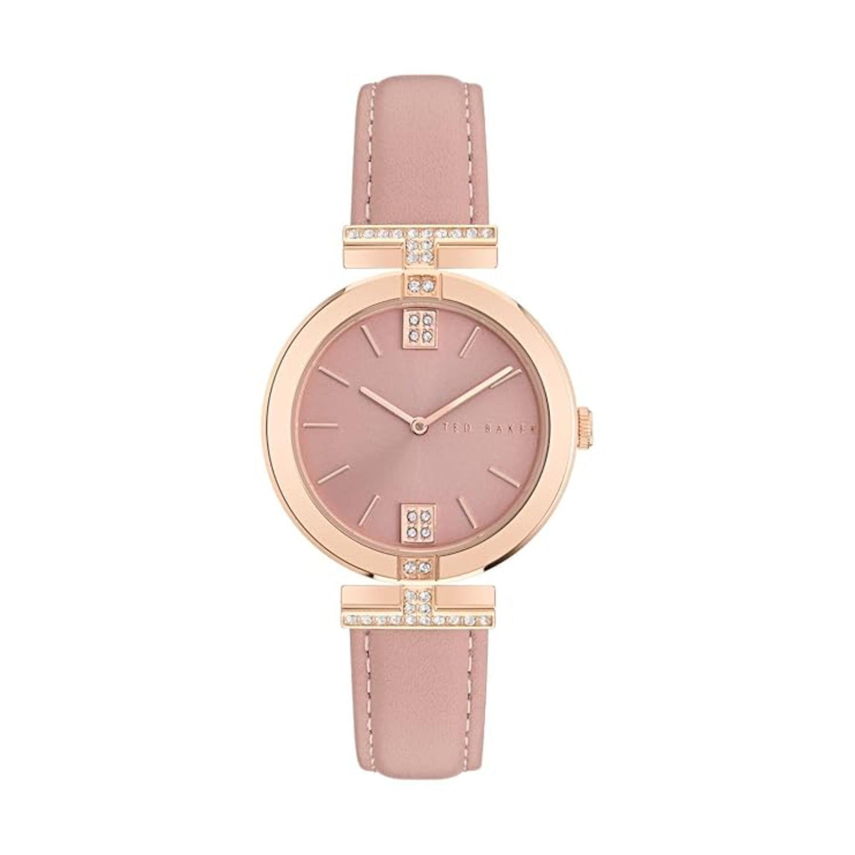 Pink dial round ladies watch with pink leather strap, crystal bars, and rose-gold case