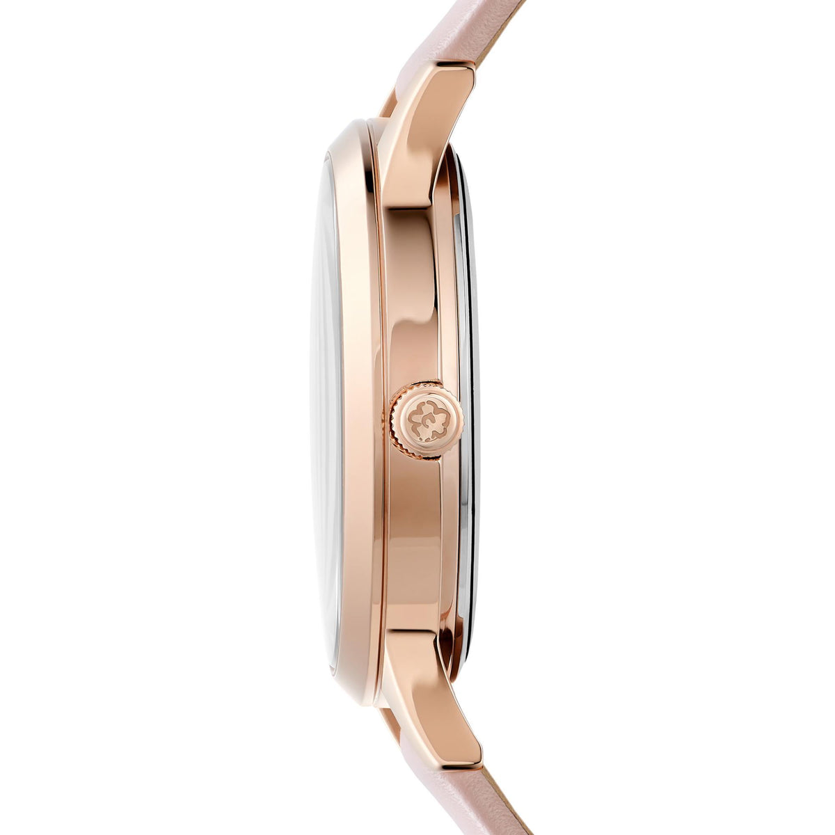 Rose-gold watch case side view with crown on pink leather strap