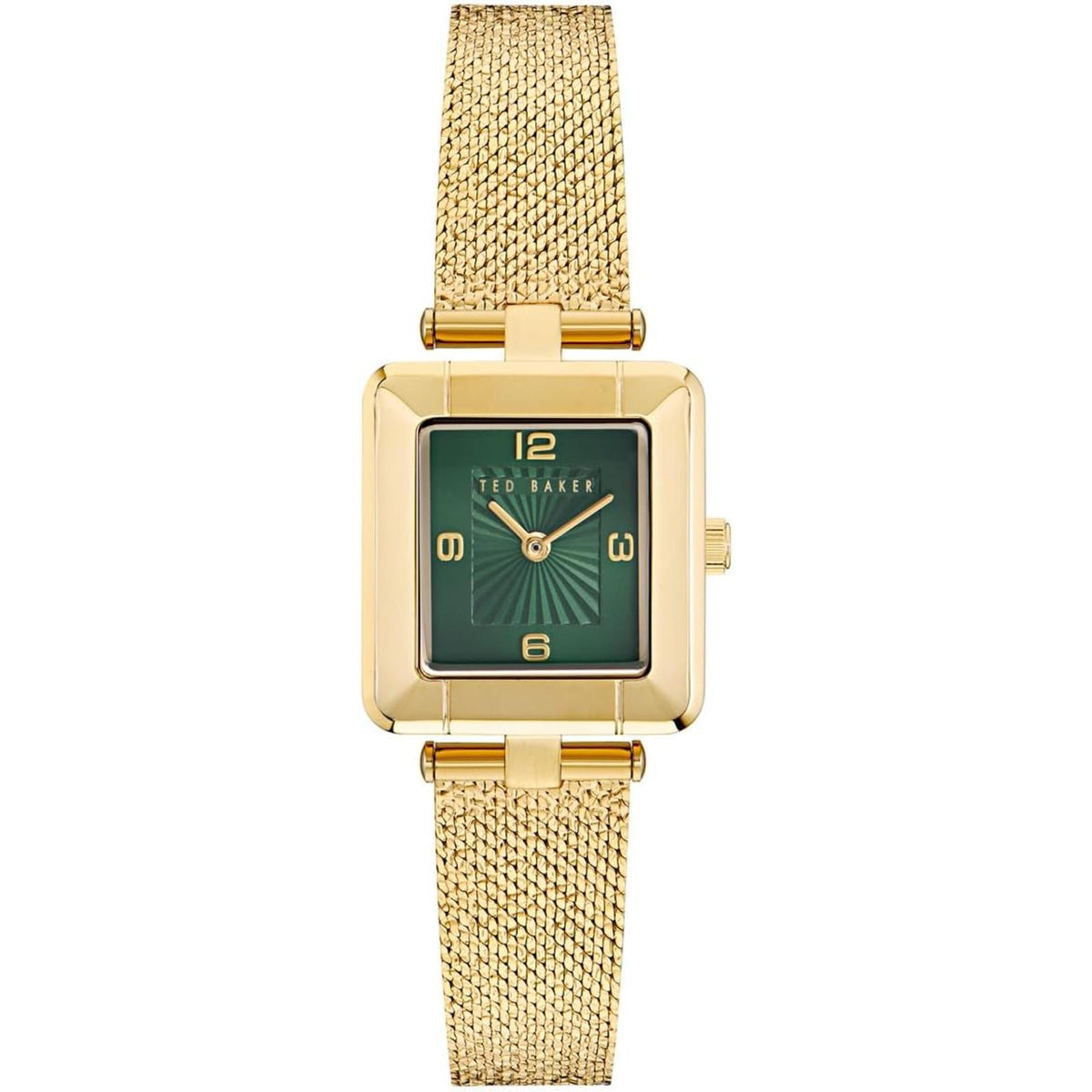 Front view of ladies gold-tone mesh strap watch with green dial and gold indices