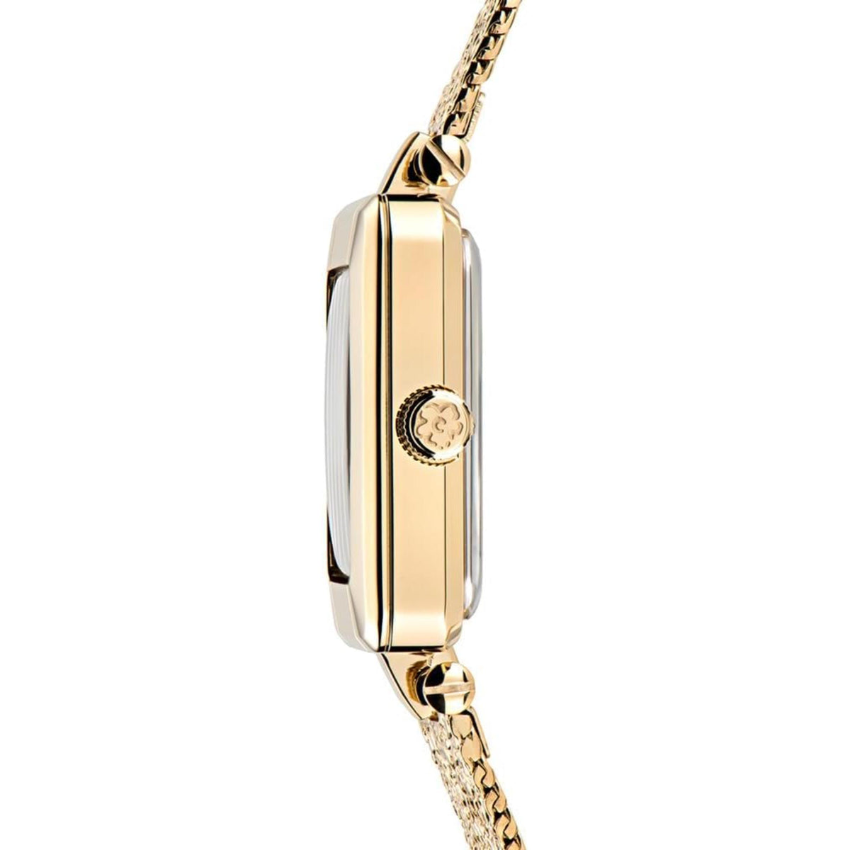 Gold-tone watch case side profile on gold mesh bracelet