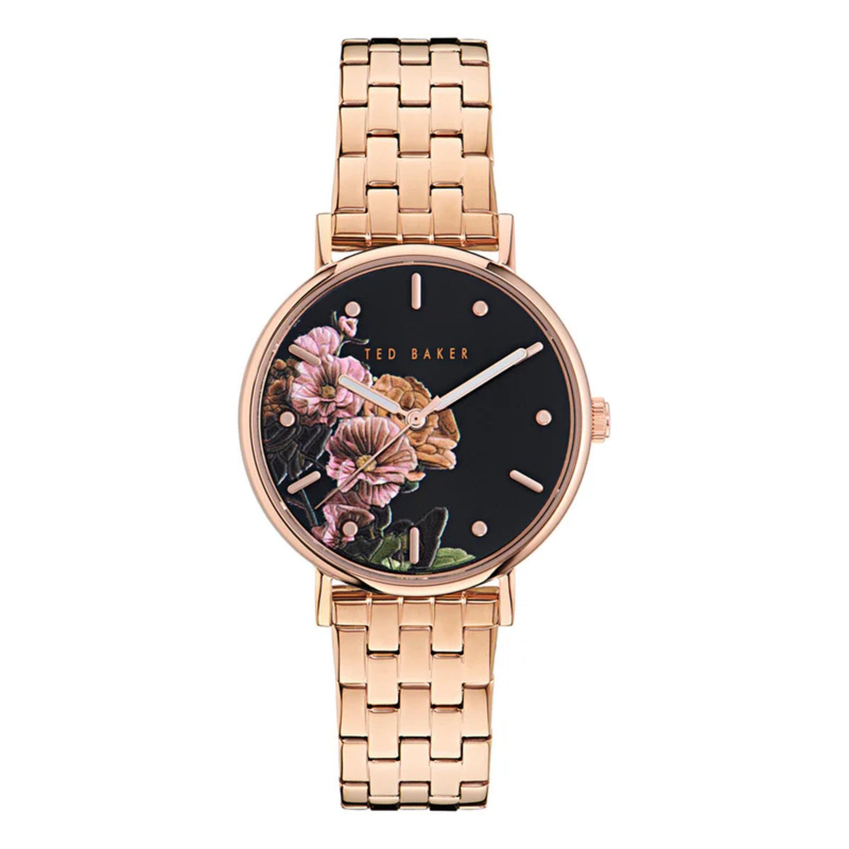 Rose gold-tone ladies watch with black floral dial, stick markers, and metal link strap