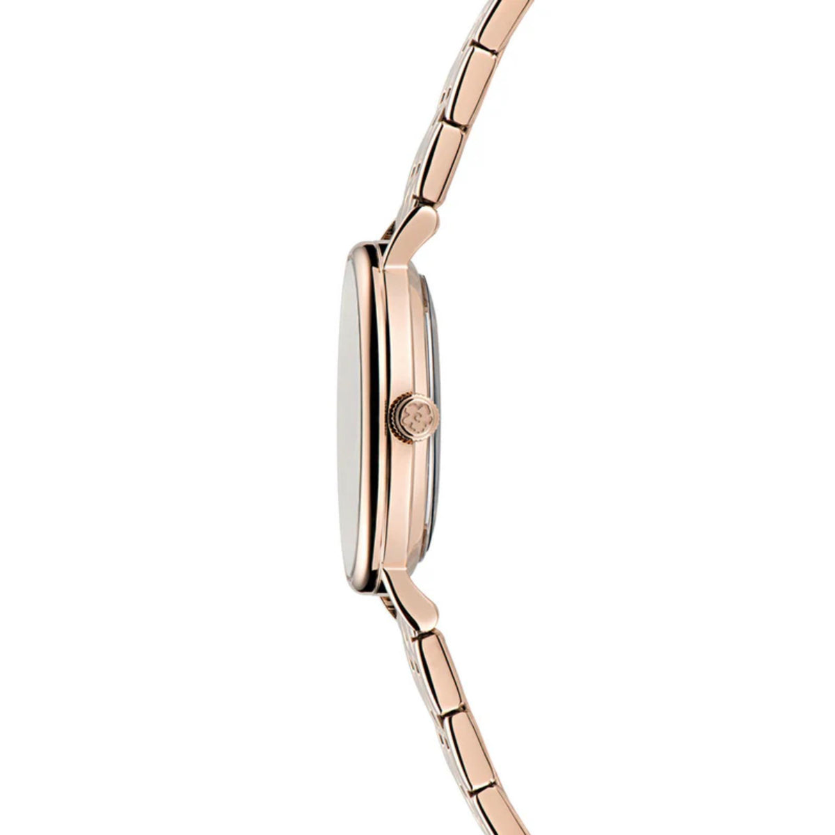 Rose gold-tone watch case side profile with crown detail and smooth bezel
