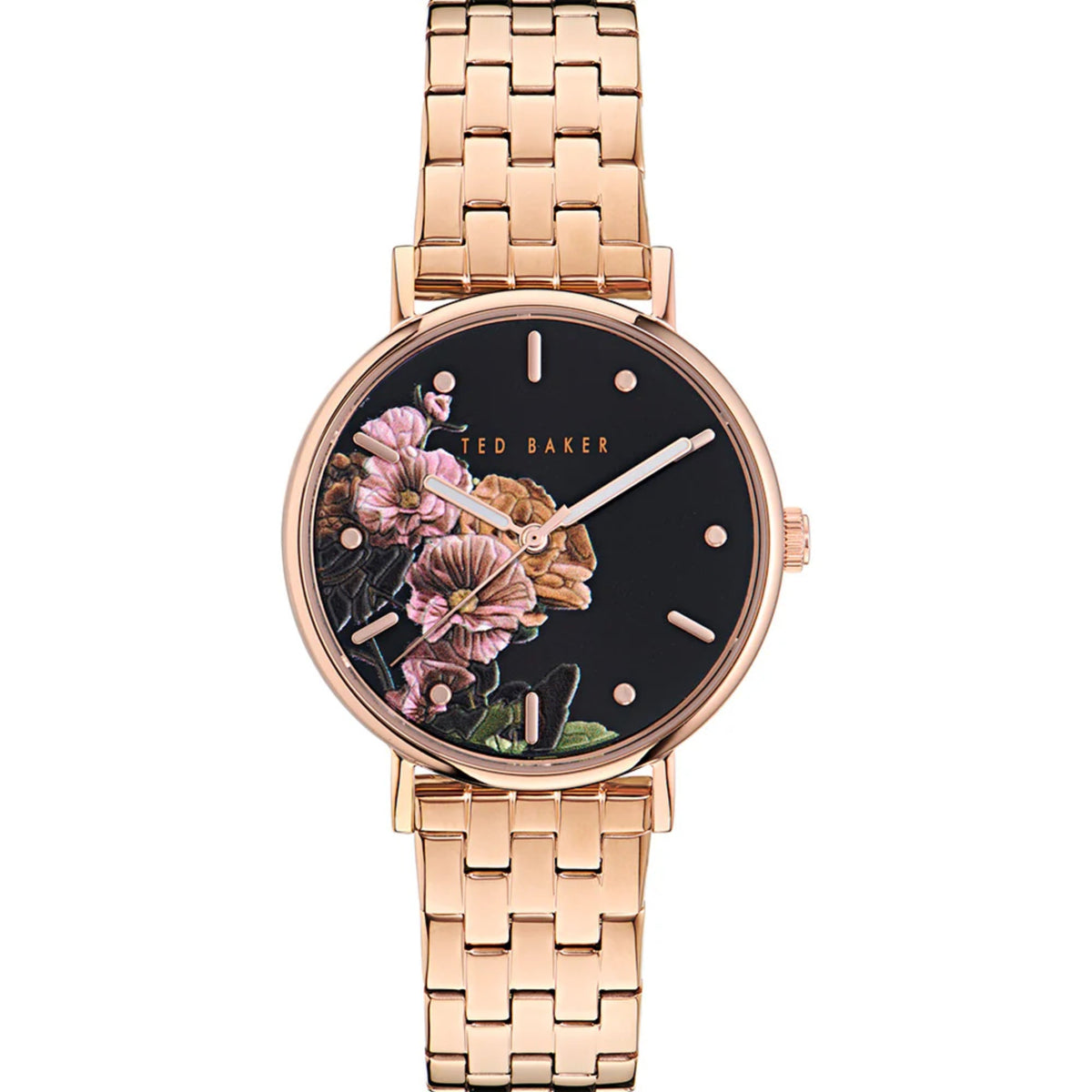 Rose gold-tone ladies watch front view with black floral dial, thin hands, link bracelet