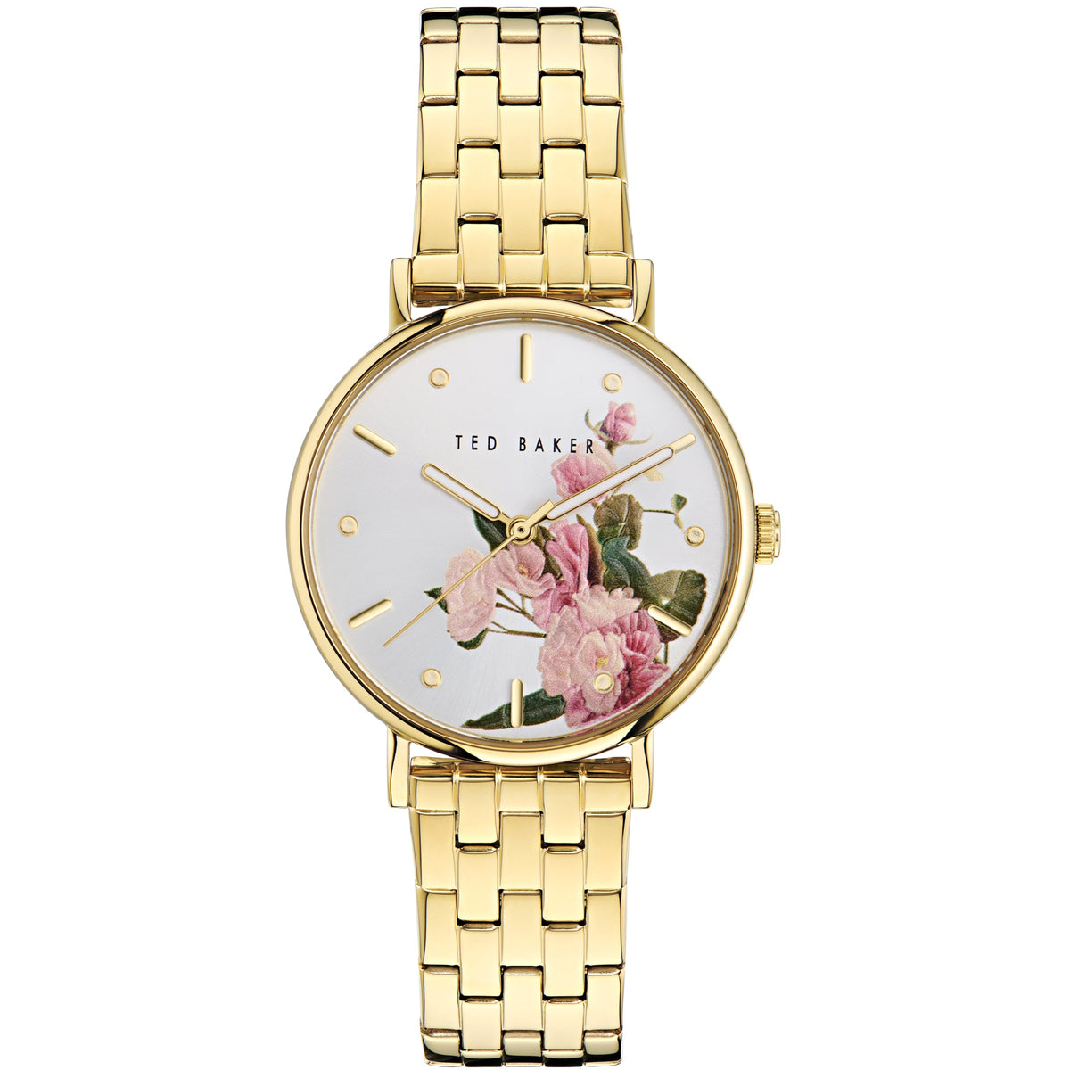 Gold-tone round wristwatch with white dial, pink flowers, and minimal index markers