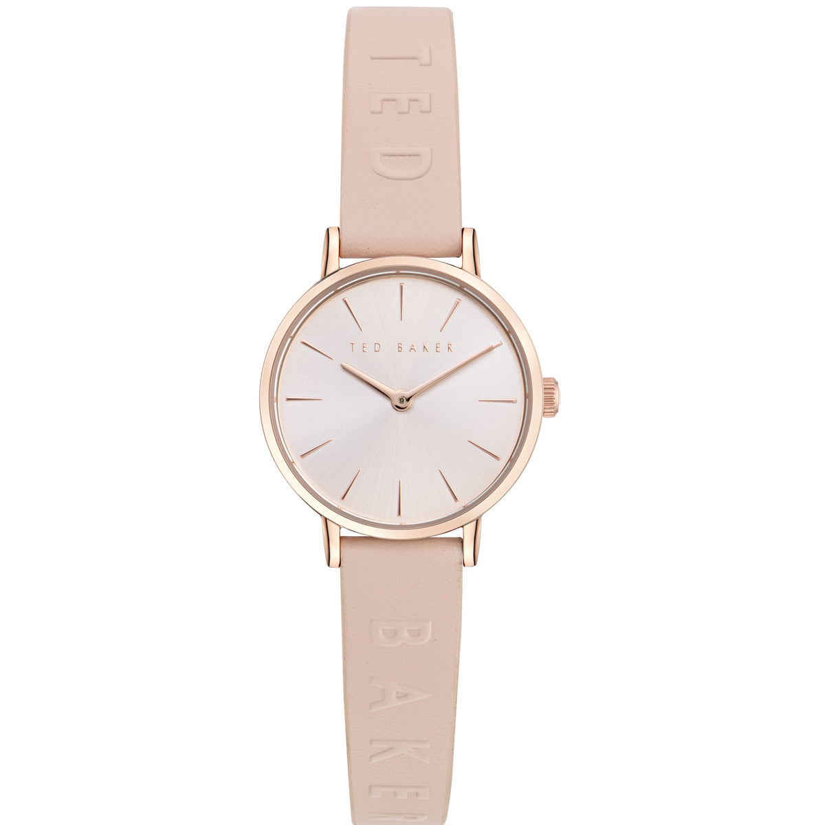 Ted Baker ladies leather strap watch front view, rose gold round case with pale pink dial.