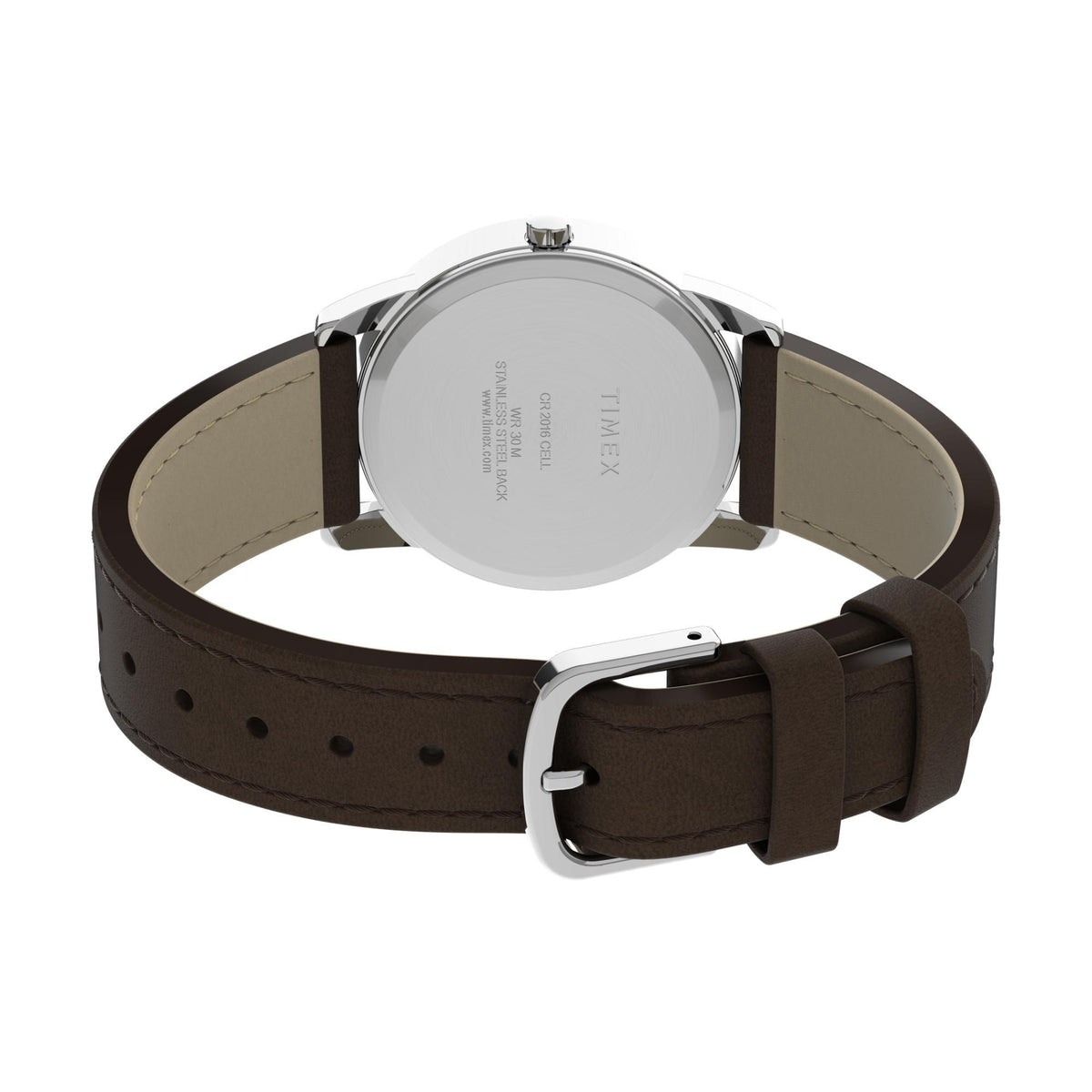 Timex Easy Reader T20041 silver-tone stainless steel case, crown, and brown leather strap side view
