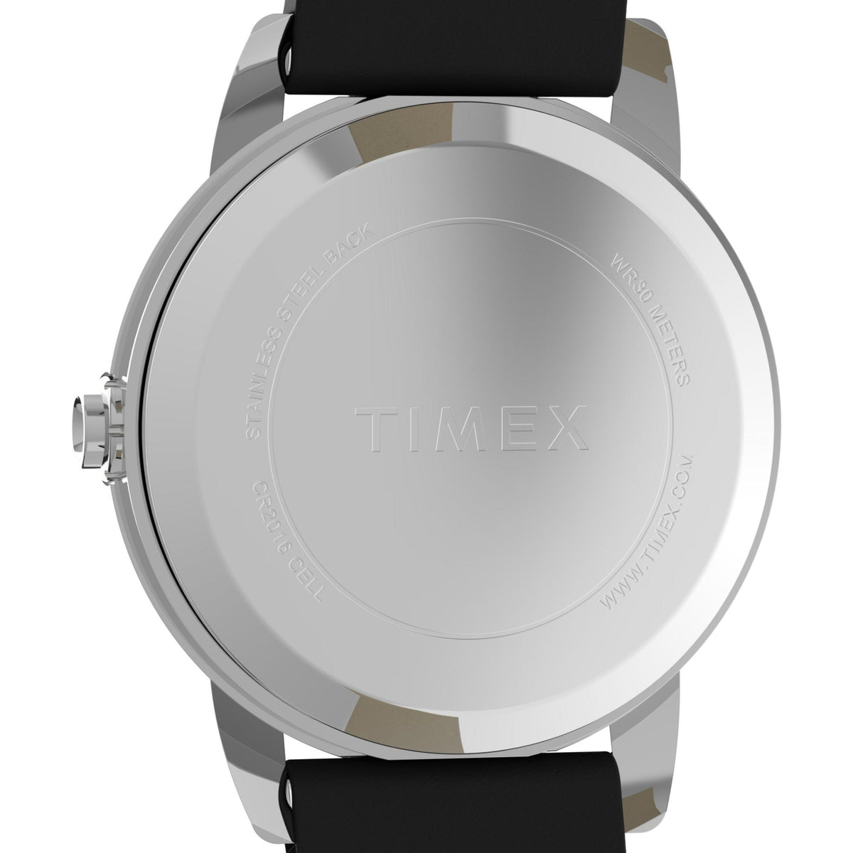 Timex watch case back close-up with black strap and silver metal ring