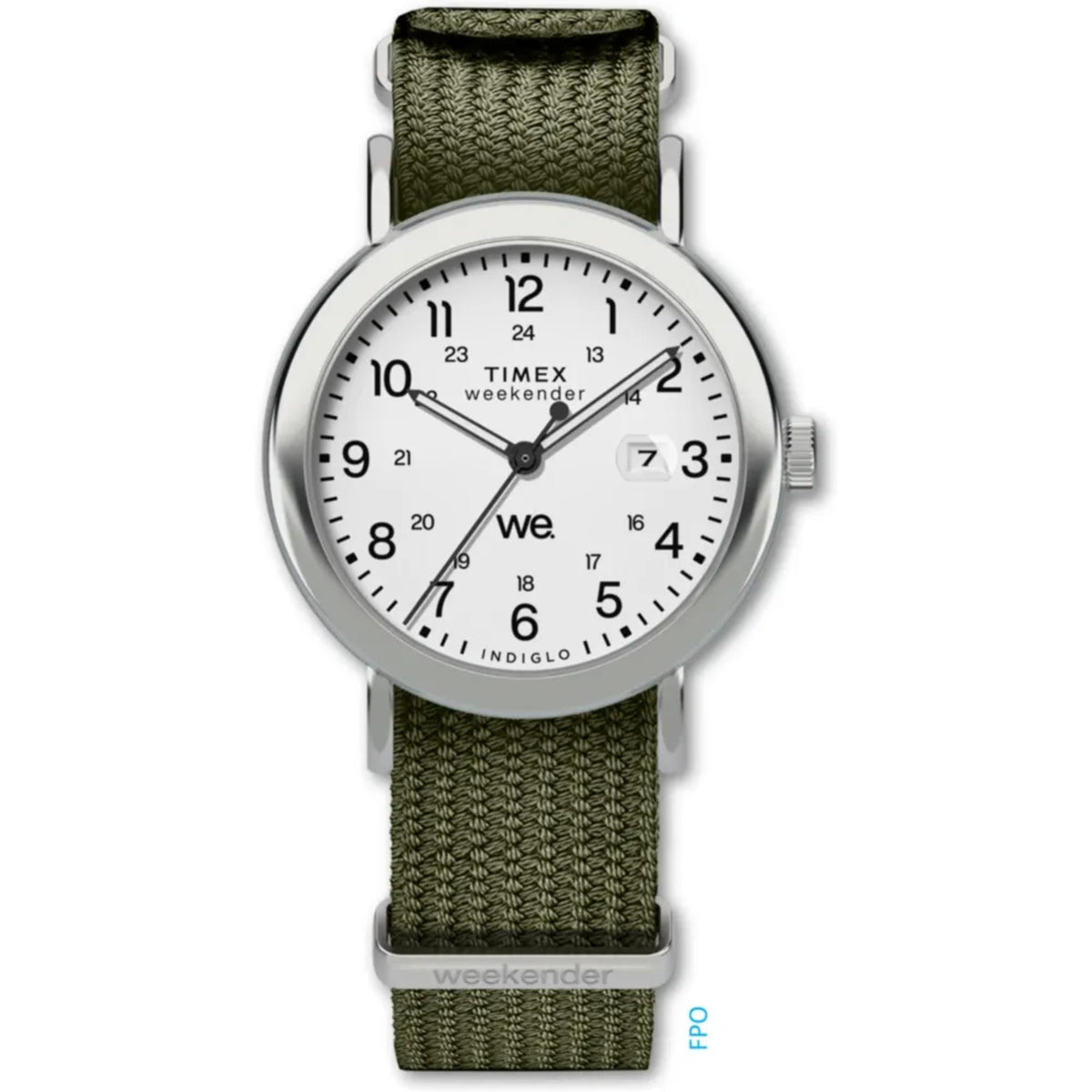 Round quartz watch with white dial, silver bezel, and green fabric band