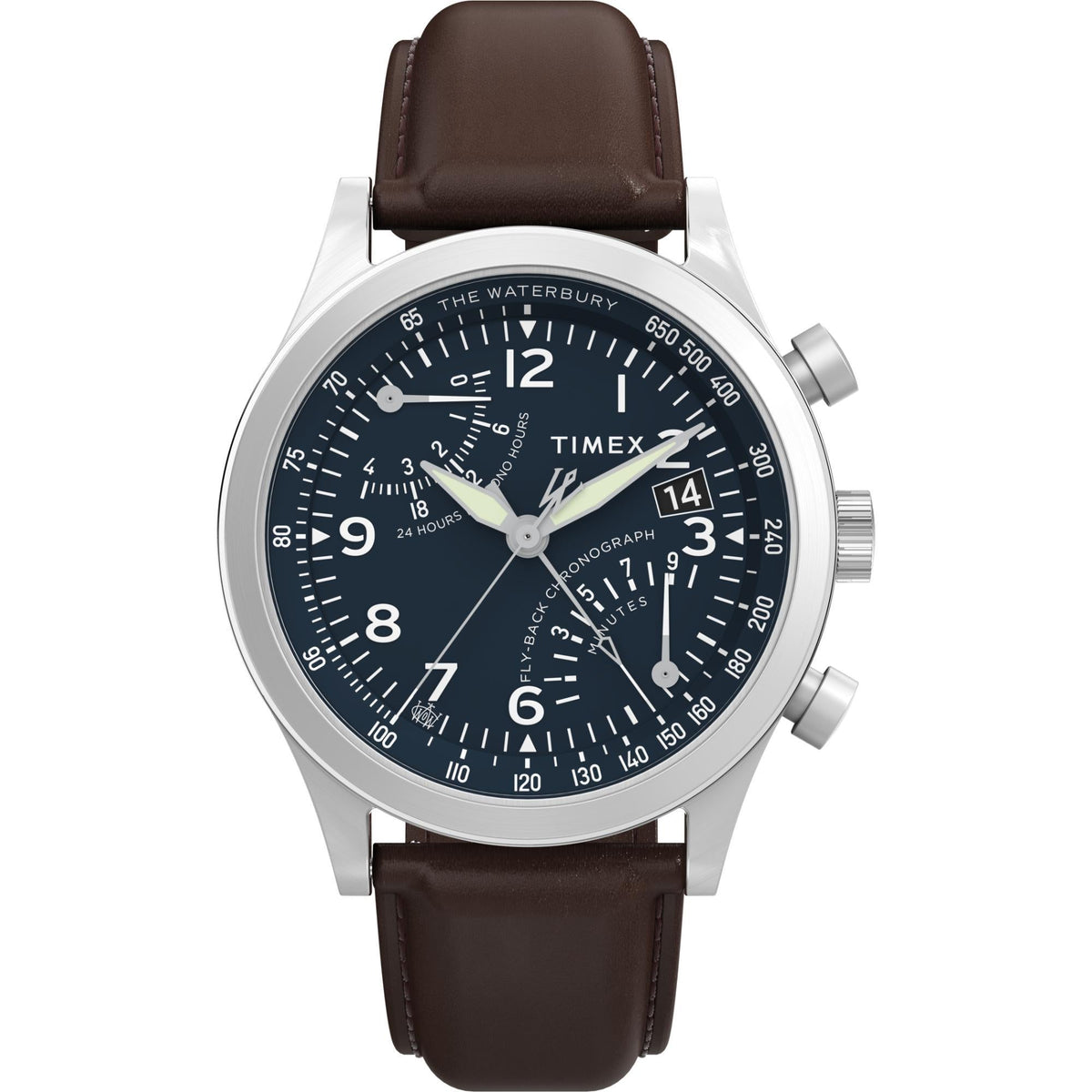 Mens chronograph watch with blue dial, silver bezel, and brown leather strap