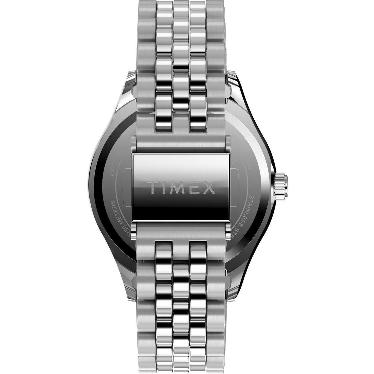 Ladies quartz watch case back angle with steel bracelet and TIMEX marking