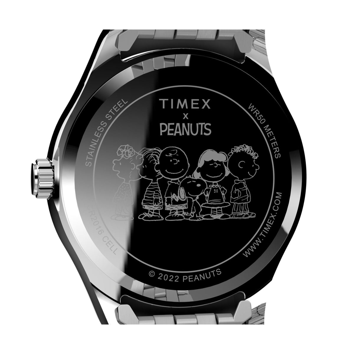 Stainless steel case back with Timex x Peanuts logo, Peanuts character line art