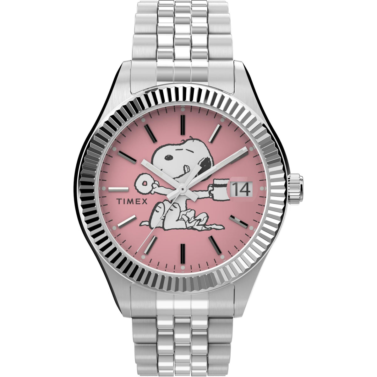Ladies quartz watch with pink character dial, steel bracelet, and '14' date marker