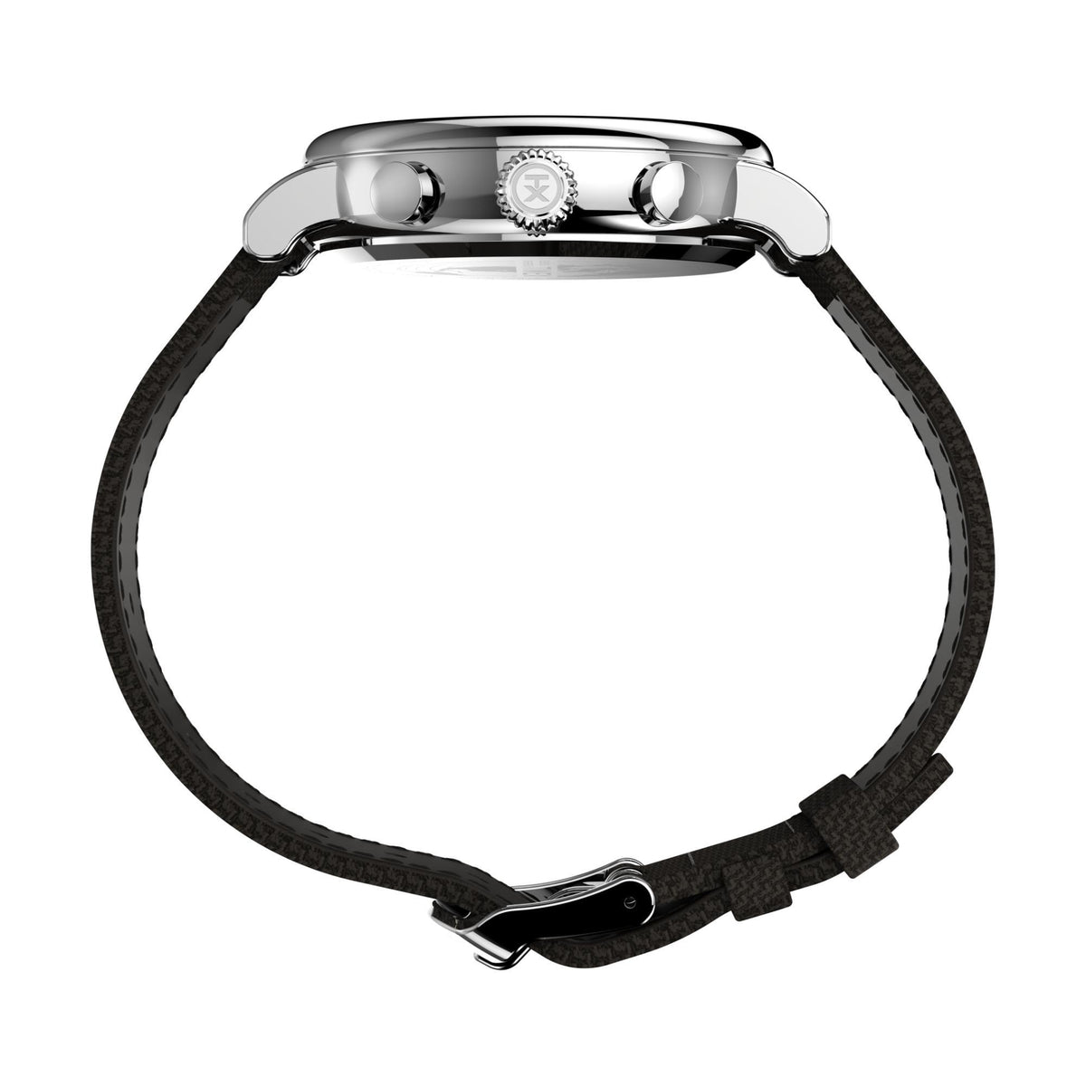 Stainless watch profile with black fabric strap, chronograph pushers, and crown