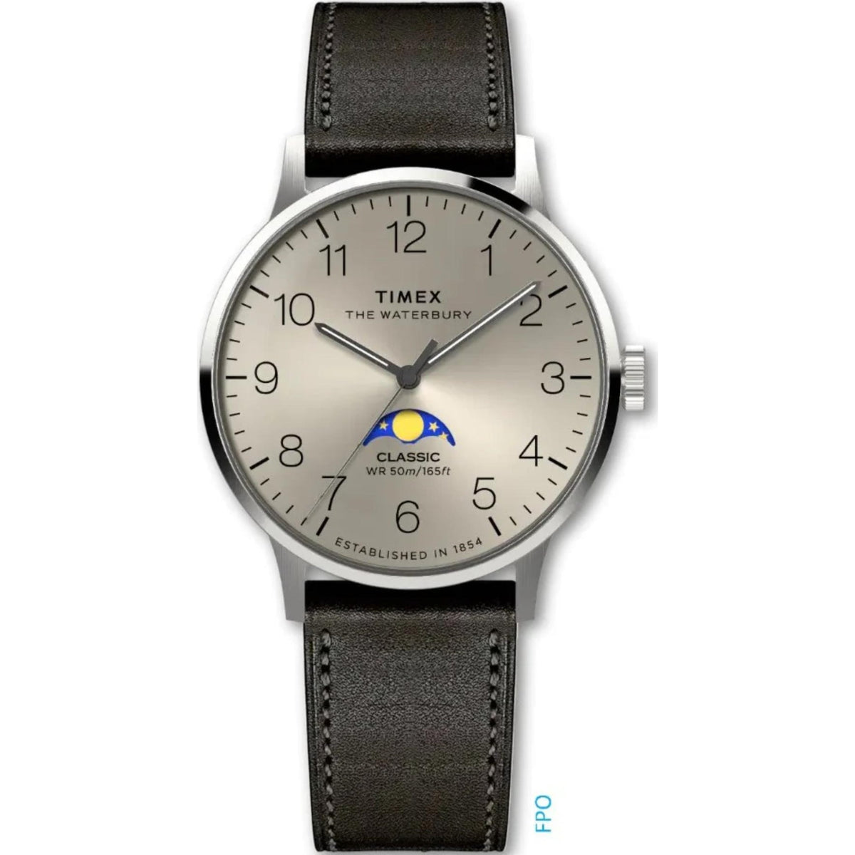 Round men's quartz wristwatch with champagne dial and black leather band, silver bezel