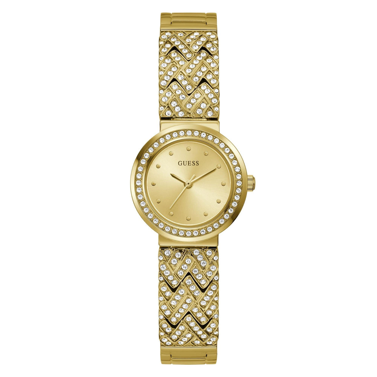 Gold-tone analog watch with champagne dial and rhinestone bezel on link bracelet