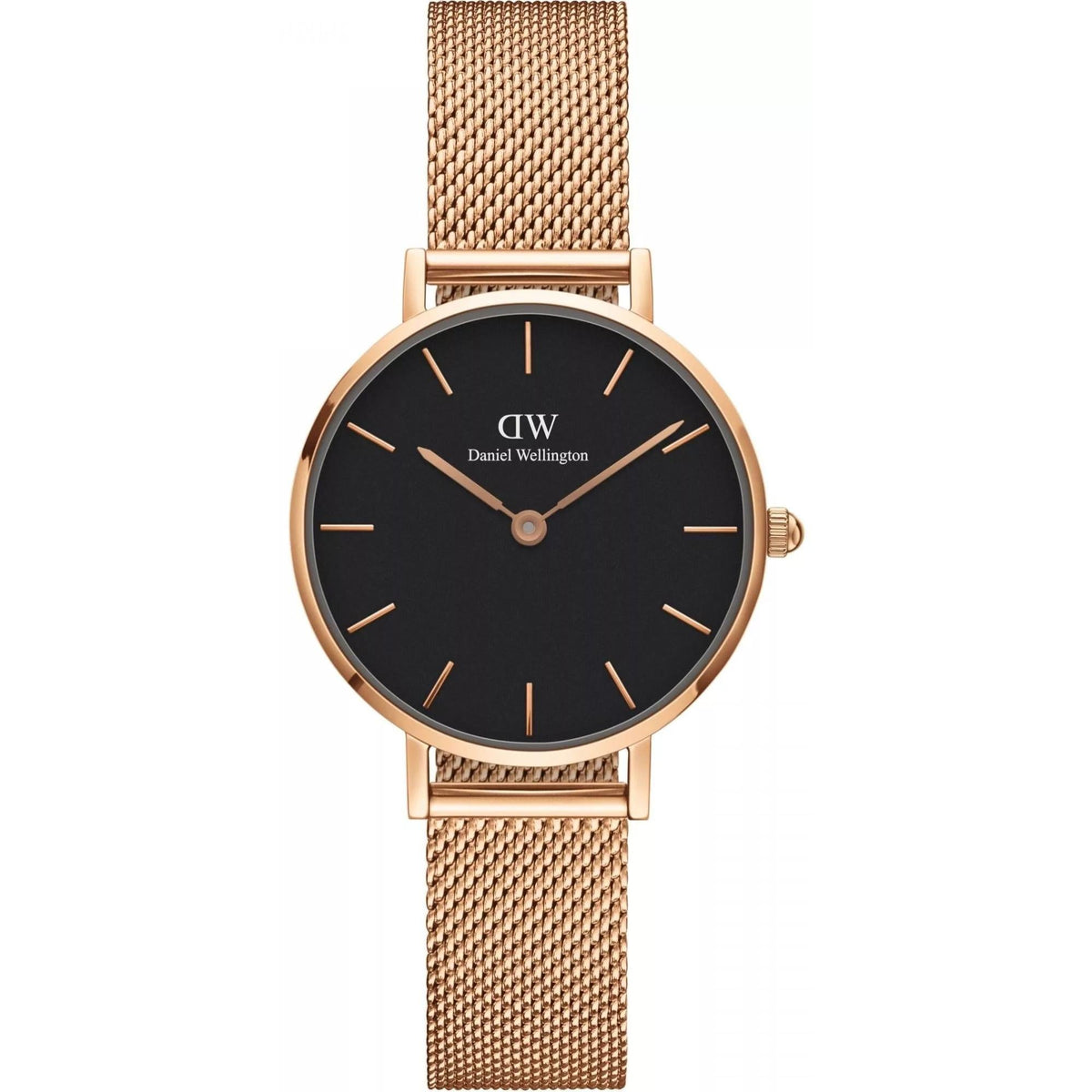 Analog quartz wristwatch with rose-gold mesh band, black dial, and gold stick markers