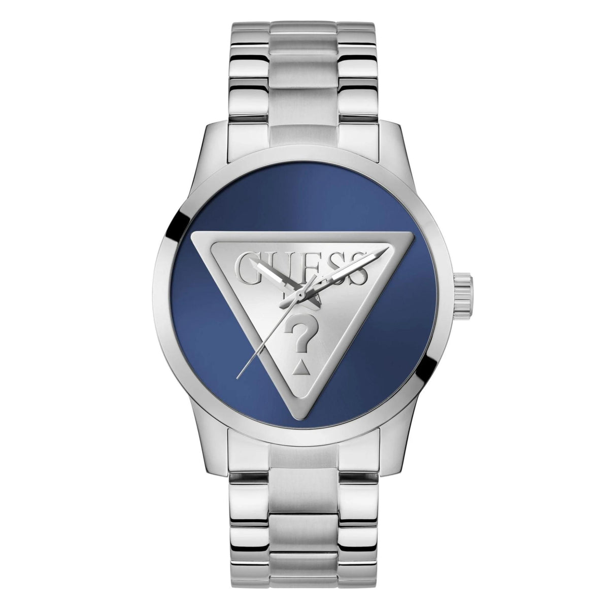 Men's analog wristwatch front view with blue dial and silver-tone case