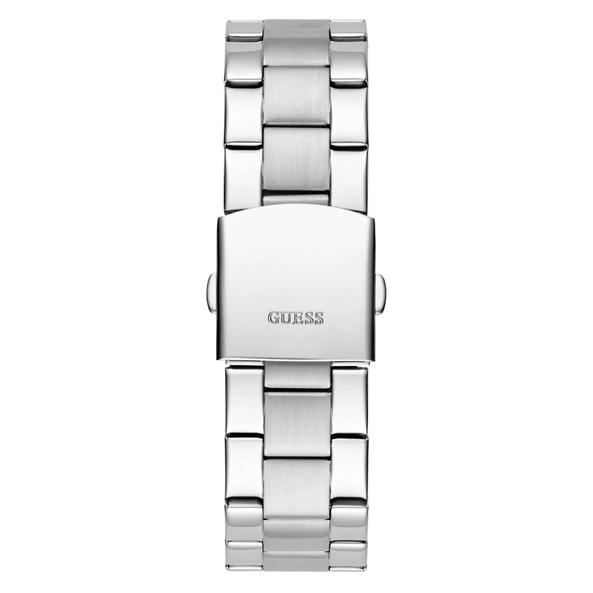 Silver-tone stainless analog wristwatch back and clasp detail view