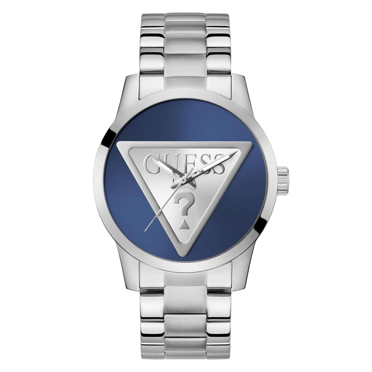 Men's analog wristwatch front close-up with blue dial and silver-tone bracelet