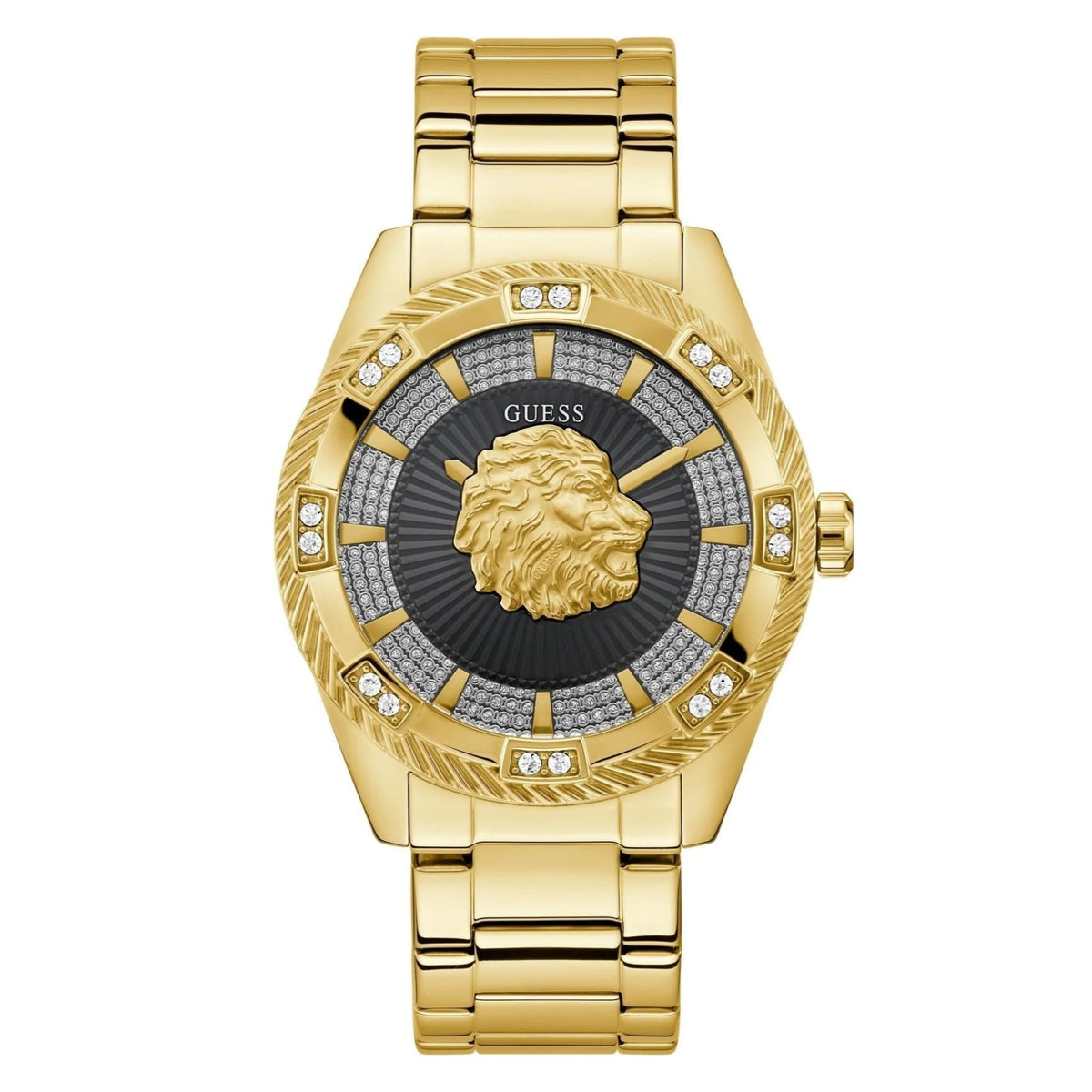 Men's gold tone watch with black dial, lion head center and gem accents around bezel