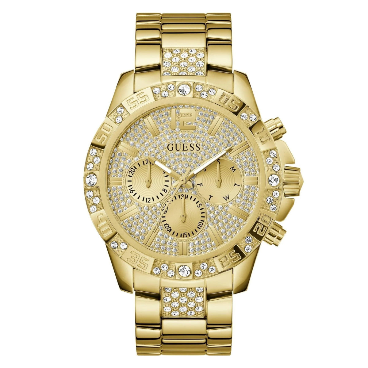 Gold-tone men’s wristwatch with champagne face, crystal bezel, and textured subdial layout
