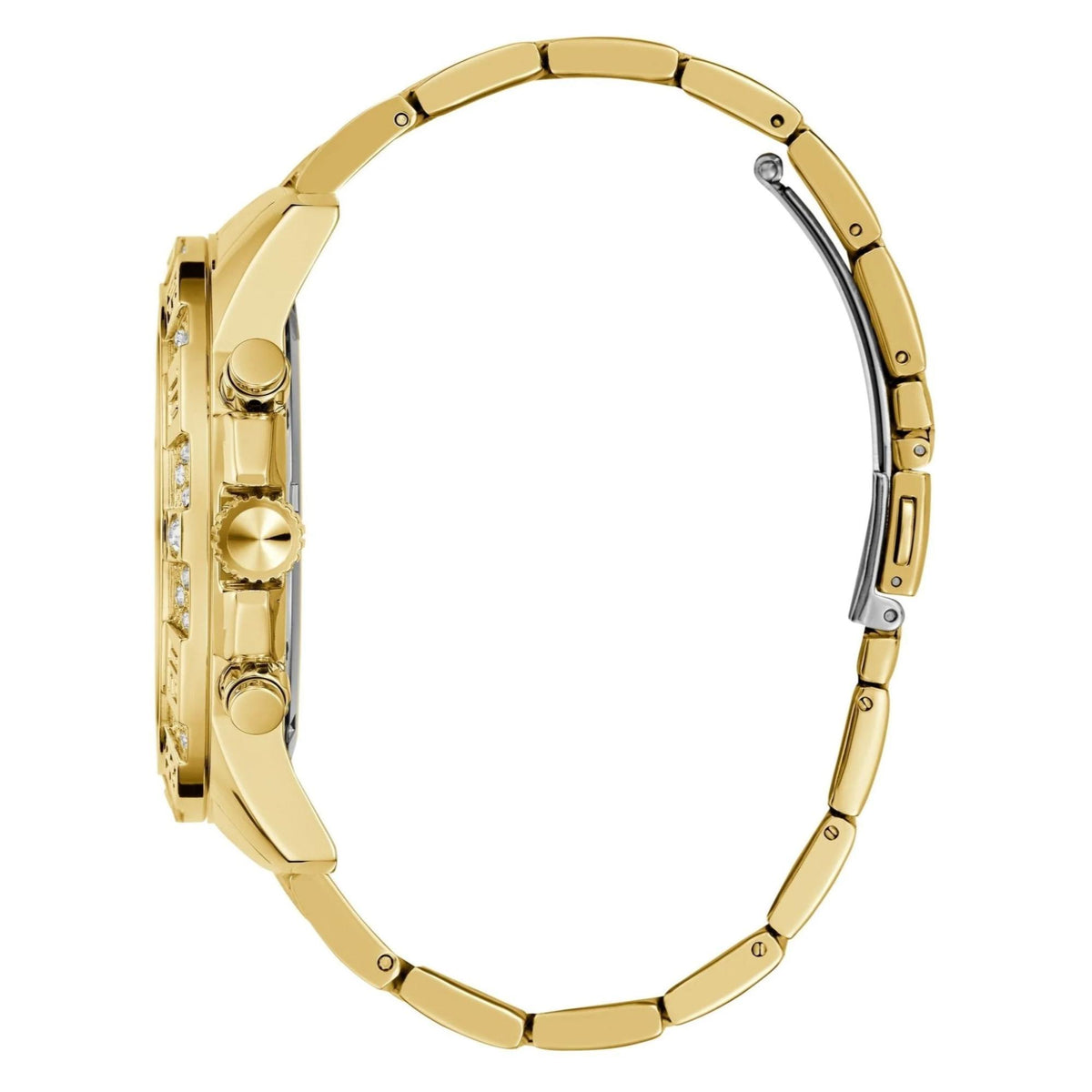 Gold-tone men’s wristwatch profile view with crystal-set crown and link bracelet