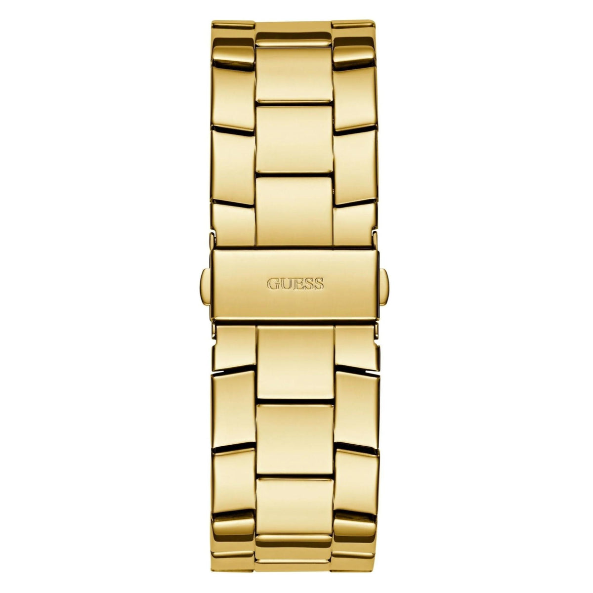 Gold-tone men’s wristwatch with rectangular link metal bracelet and centered case back