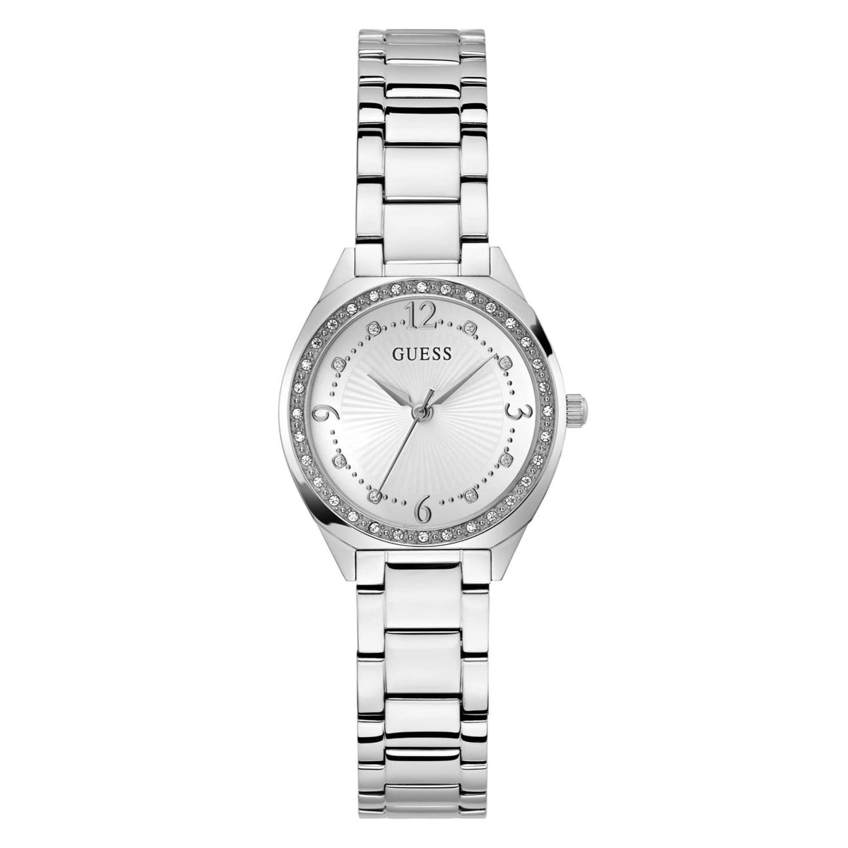 Silver-tone analog watch with white dial, GUESS logo, crystal bezel, and metal link strap