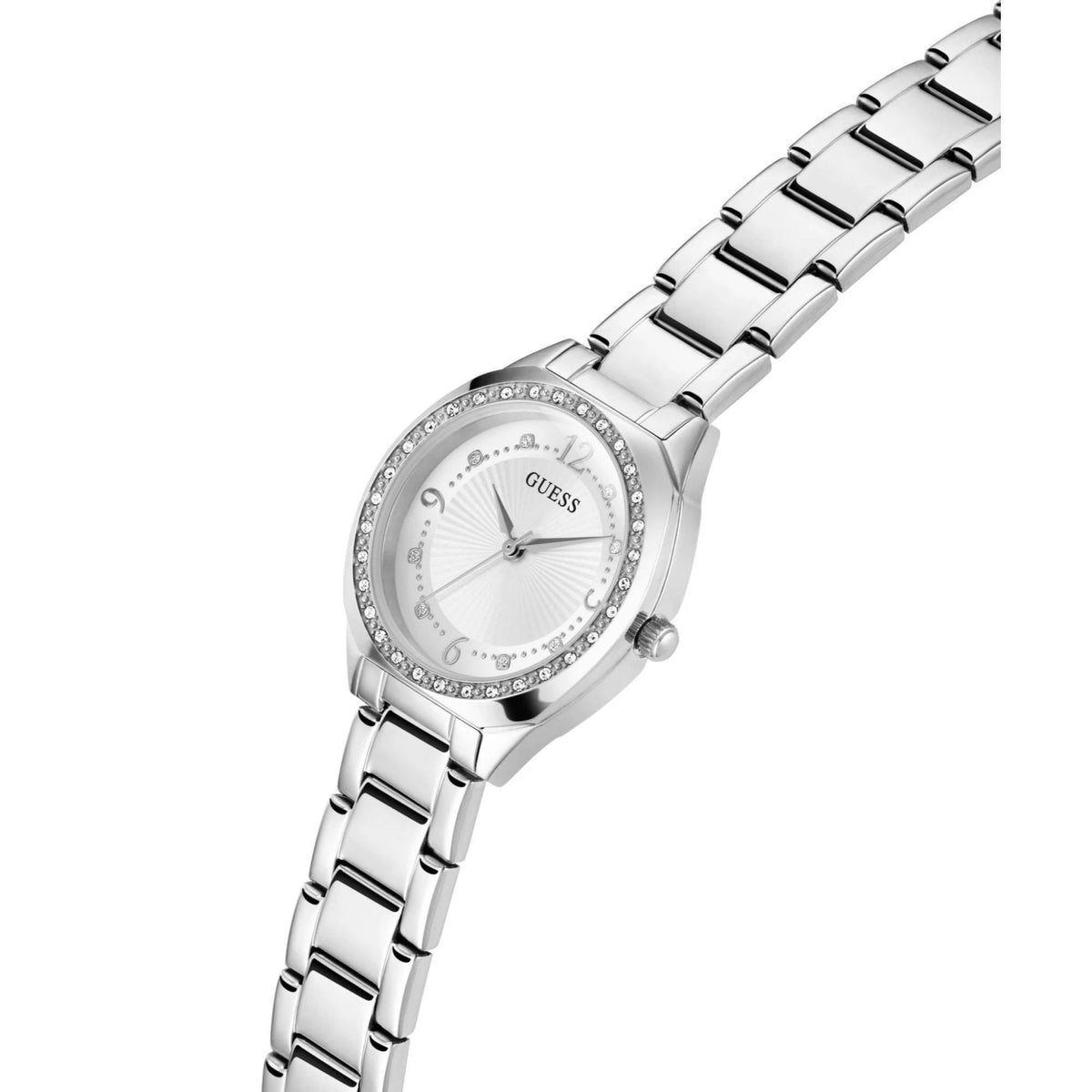 Silver-tone analog watch with white dial, crystal bezel, and metal link bracelet