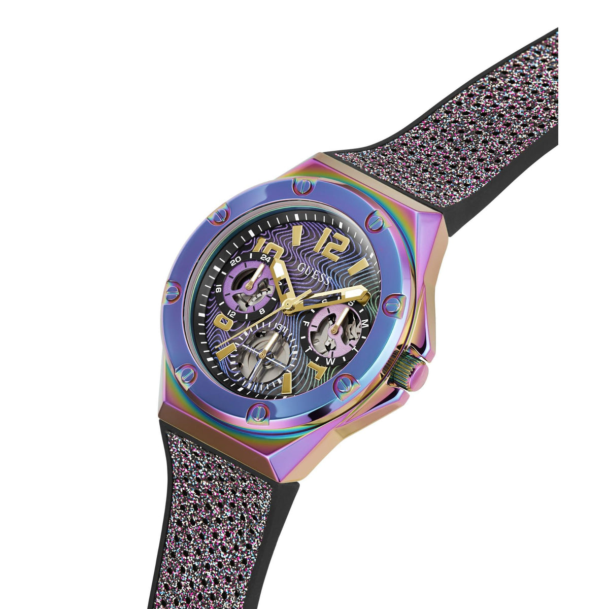 Close side view of iridescent watch case and multicolor dial with black glitter strap