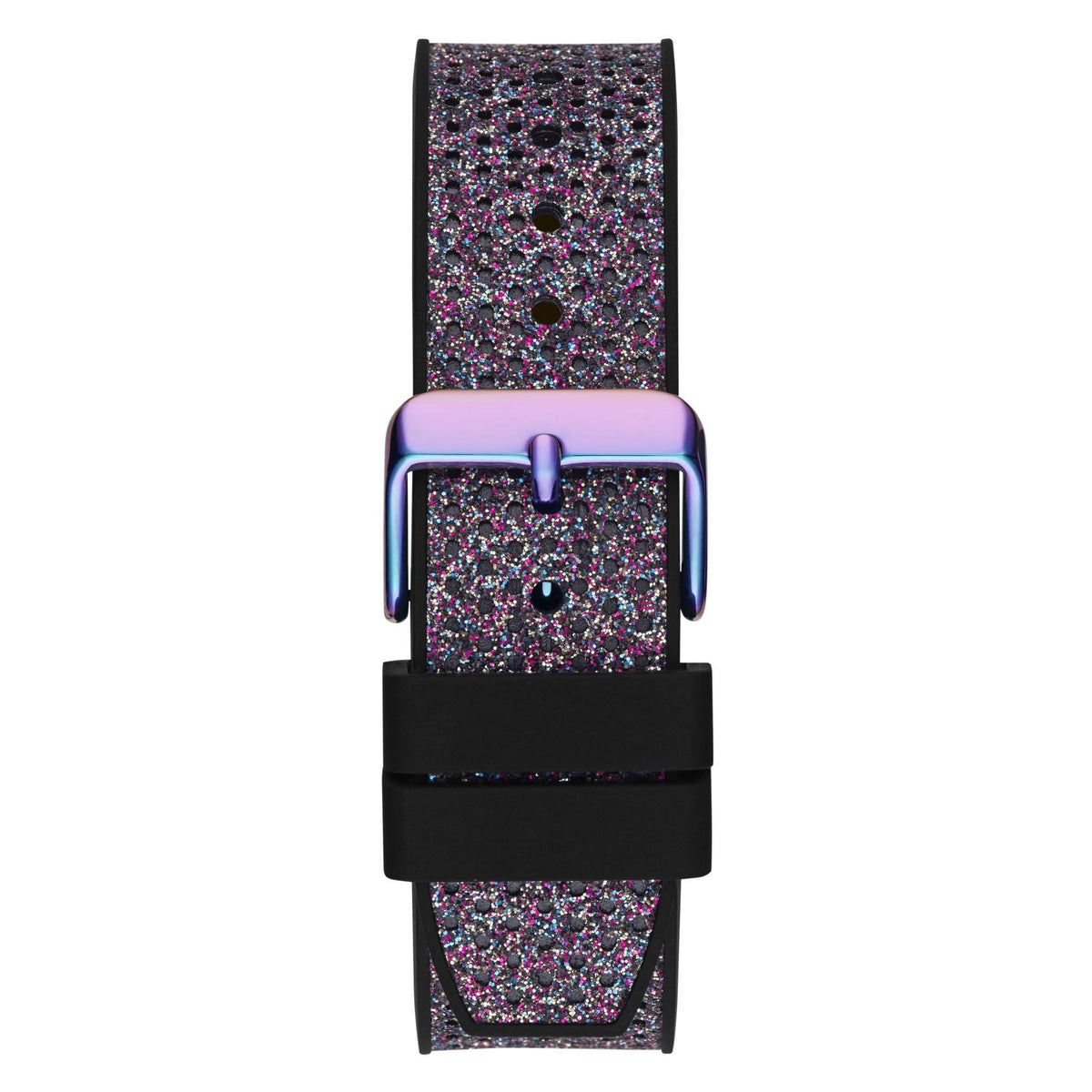 Ladies multi-function watch with iridescent purple dial and black strap with purple top.
