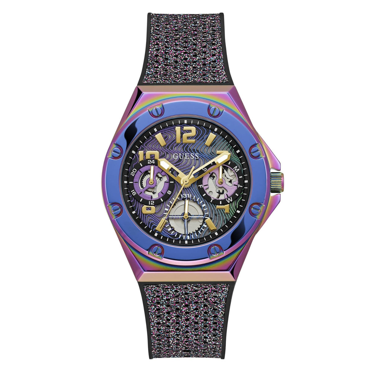 Iridescent multi-function analog watch with gold hands, black glitter strap, full view